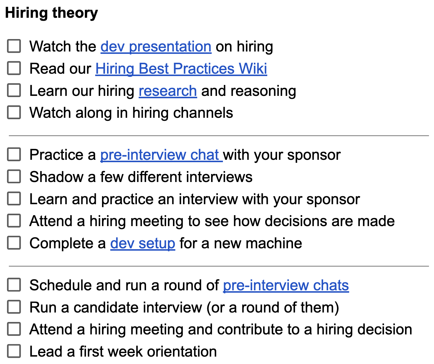 A screenshot of one quadrant of the apprenticeship program matrix, showing the tiered requirements for Hiring Theory. Many list entries link out to wiki documentation, presentation recordings, or other reference documents.